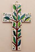 Croce in legno dipinta a mano ramo di ulivo e uccellini Cooperativa La Semilla de Dios  