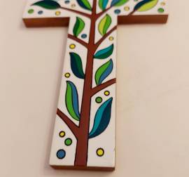 Croce in legno dipinta a mano ramo di ulivo e uccellini Cooperativa La Semilla de Dios  