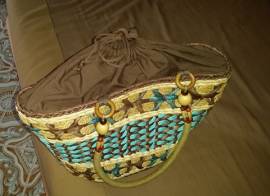 BORSA IN PAGLIA FANTASIA MARRONE E TURCHESE