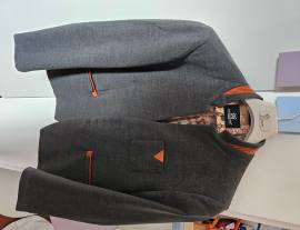 BLAZER UOMO TG. M. SLIM FIT GRIGIO TOPO E INSERTI CAMMELLO