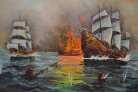 Dipinto olio su tela Battaglia navale di A. De Vity