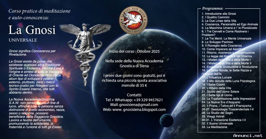 CORSO DI MEDITAZIONE: “LA GNOSI UNIVERSALE”. Oggi sabato alle ore 16:30