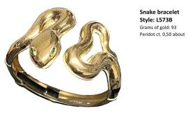 Bracciale serpente in argento 925 placcato oro 18Kt con perodoti verde negli occhi 