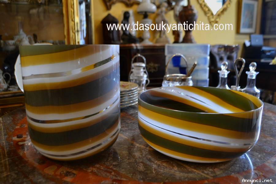 Set Vaso e centrotavola in vetro di Murano a spirale anni 70