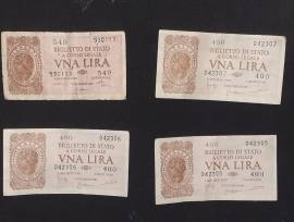 4 Banconote 1 Lira Luogotenenza Italia Laureata Biglietto di Stato a corso legale 1944 Serie 549 460