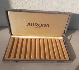 Espositore  custodia penne AURORA  vintage  in legno N °  12 posti , esterno in vellutino grigio  ed
