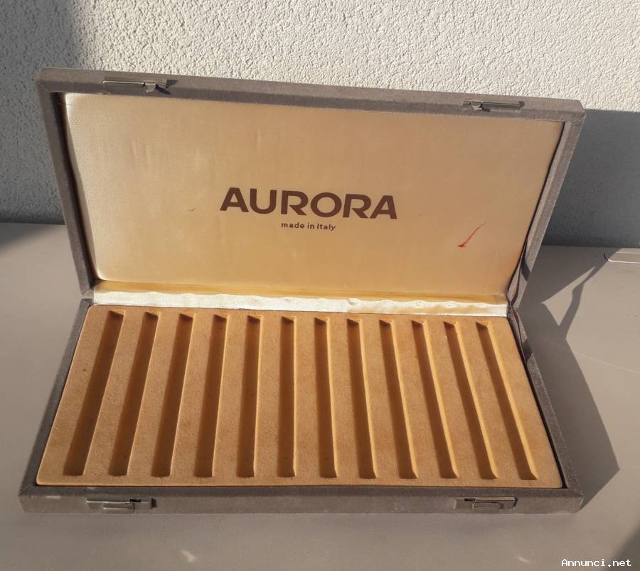 Espositore custodia penne AURORA vintage in legno N ° 12 posti , esterno in vellutino grigio ed