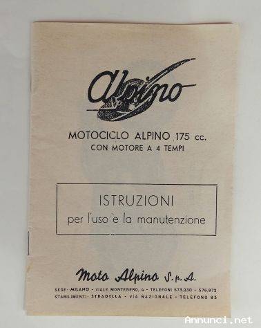 Istruzioni x l'uso e la manutenzione Motociclo Alpino 175 cc. motore a 4 tempi