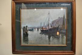 Dipinto olio su tela scorcio su porto di Lucio Decio