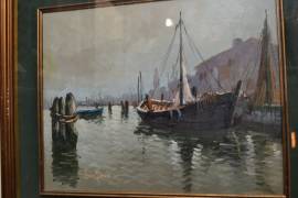 Dipinto olio su tela scorcio su porto di Lucio Decio