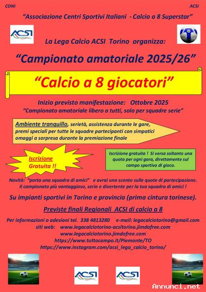 Campionato amatoriale calcio a 8 in Torino e provincia.