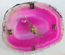 Orologio da tavolo in fetta in agata fucsia/rosa striata dal Brasile con base in plexiglass