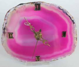 Orologio da tavolo in fetta in agata fucsia/rosa striata dal Brasile con base in plexiglass