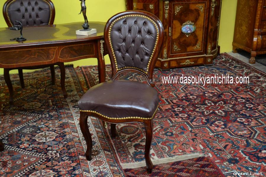 Sedia-poltrona da studio stile Luigi XV in ecopelle marrone