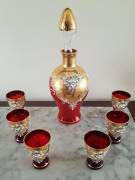 Set  rosolio vintage  vetro di Murano rosso-oro "Tre fuochi" con ricchi decori  realizzati