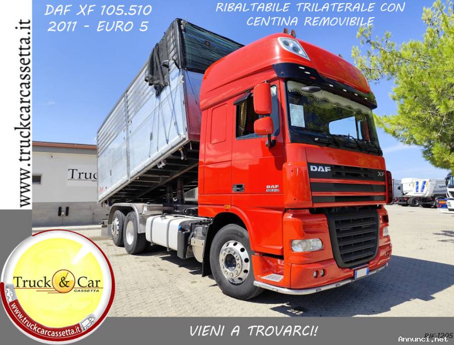 RIF.1205 DAF XF 105.510 – 2011 – 3 ASSI – CASSONE RIBALTABILE TRILATERALE IN ACCIAIO INOX (2019)