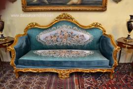 Salotto dorato stile Barocco in tessuto aubusson ottanio