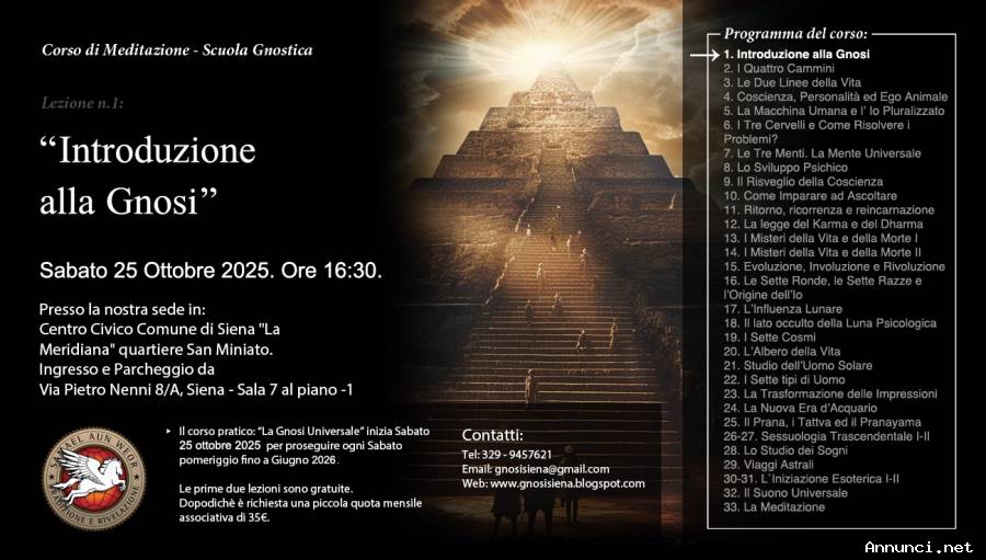 CORSO DI MEDITAZIONE: “LA GNOSI UNIVERSALE”. Inizio corso sabato 25 ottobre 2025, ore 16:30