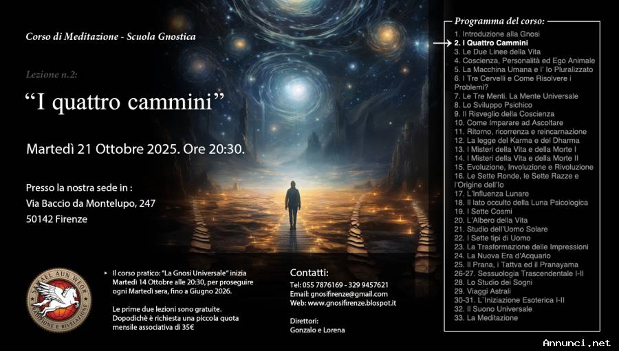 CORSO DI MEDITAZIONE: “LA GNOSI UNIVERSALE” Inizio corso ogni martedì di ottobre 2025