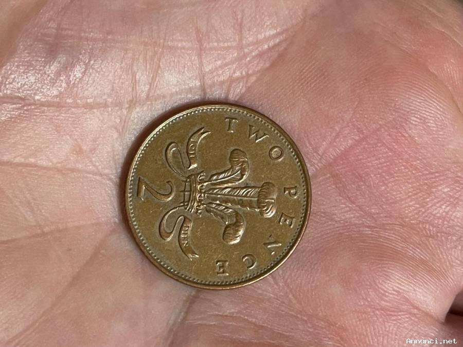 2 pence del Regno Unito, coniata nel 1993. con ritratto della Regina Elisabetta II,
