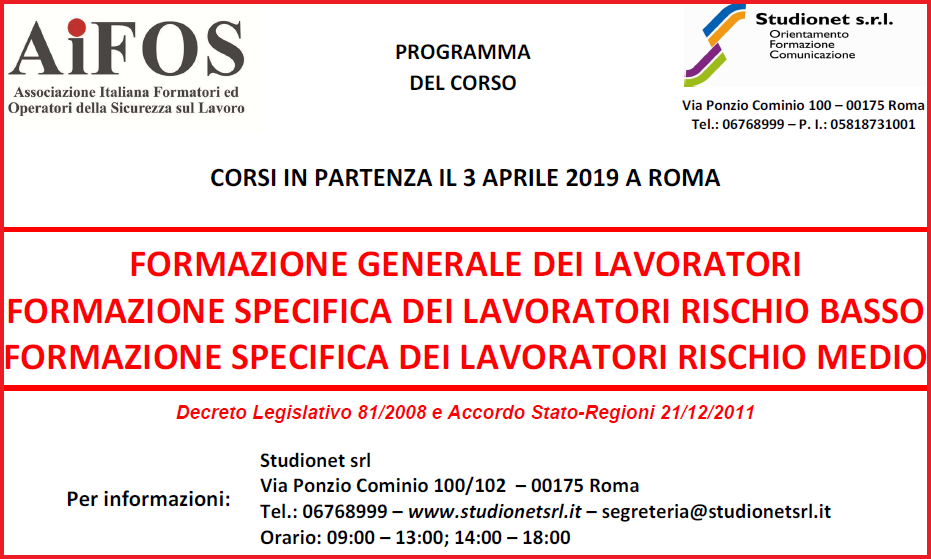 Sicurezza sul lavoro. Corsi in partenza ad Aprile a Roma.