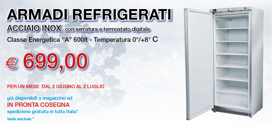 Armadio refrigerato 0/+8 classe A nuovo 600lt inox 