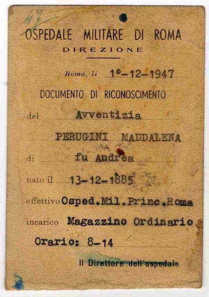 Documento tessera di riconoscimento dell'Ospedale Militare Principale di Roma del 1947