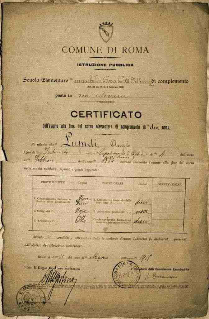 Certificato del 1911 del conseguimento della Licenza Elmentare presso la Scuola Serale XX Settembre