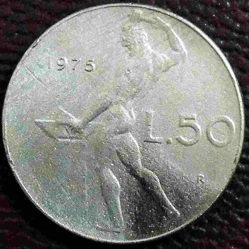 50 lire 1975  &quotVULCANO" -  Facce INVERTITE di 180 gradi 