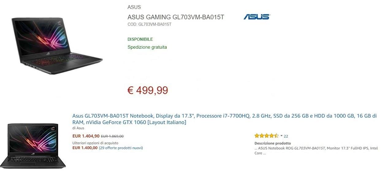 NOTEBOOK ASUS GAMING GL703VM-BA015T  NUOVO - GARANZIA ITALIA 