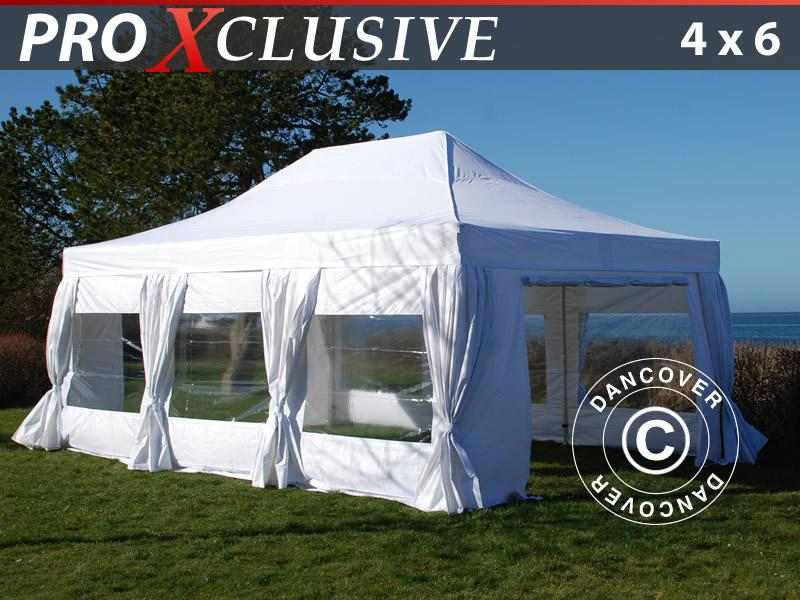 Gazebo pieghevole FleXtents PRO 4x6m Bianco, incl. 8 fianchi & tendaggi decorativi