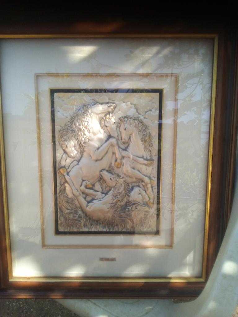 Quadro cavalli, argento, di L.Mori, dipinto  a mano, certificazione