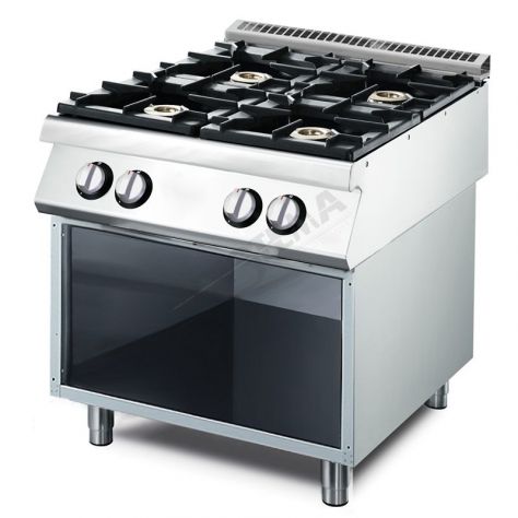 Cucina a gas su vano aperto. 4 bruciatori: 2x5,5 e 2x7,5 kW.